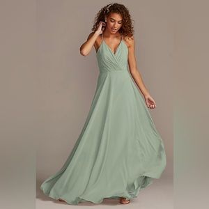 David’s Bridal Dusty Sage Green spaghetti strap full skirt bridesmaid dress